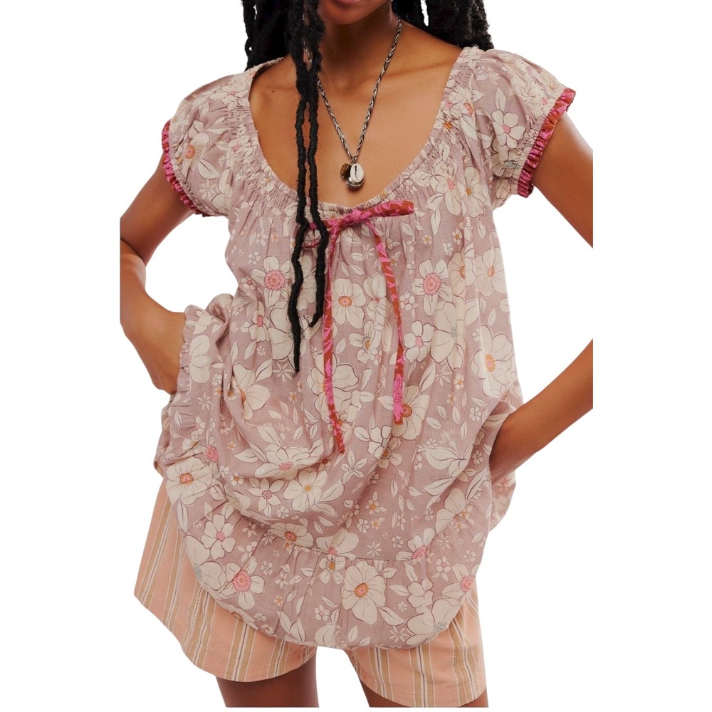 Free People Floral Blouse in Pink and Cream